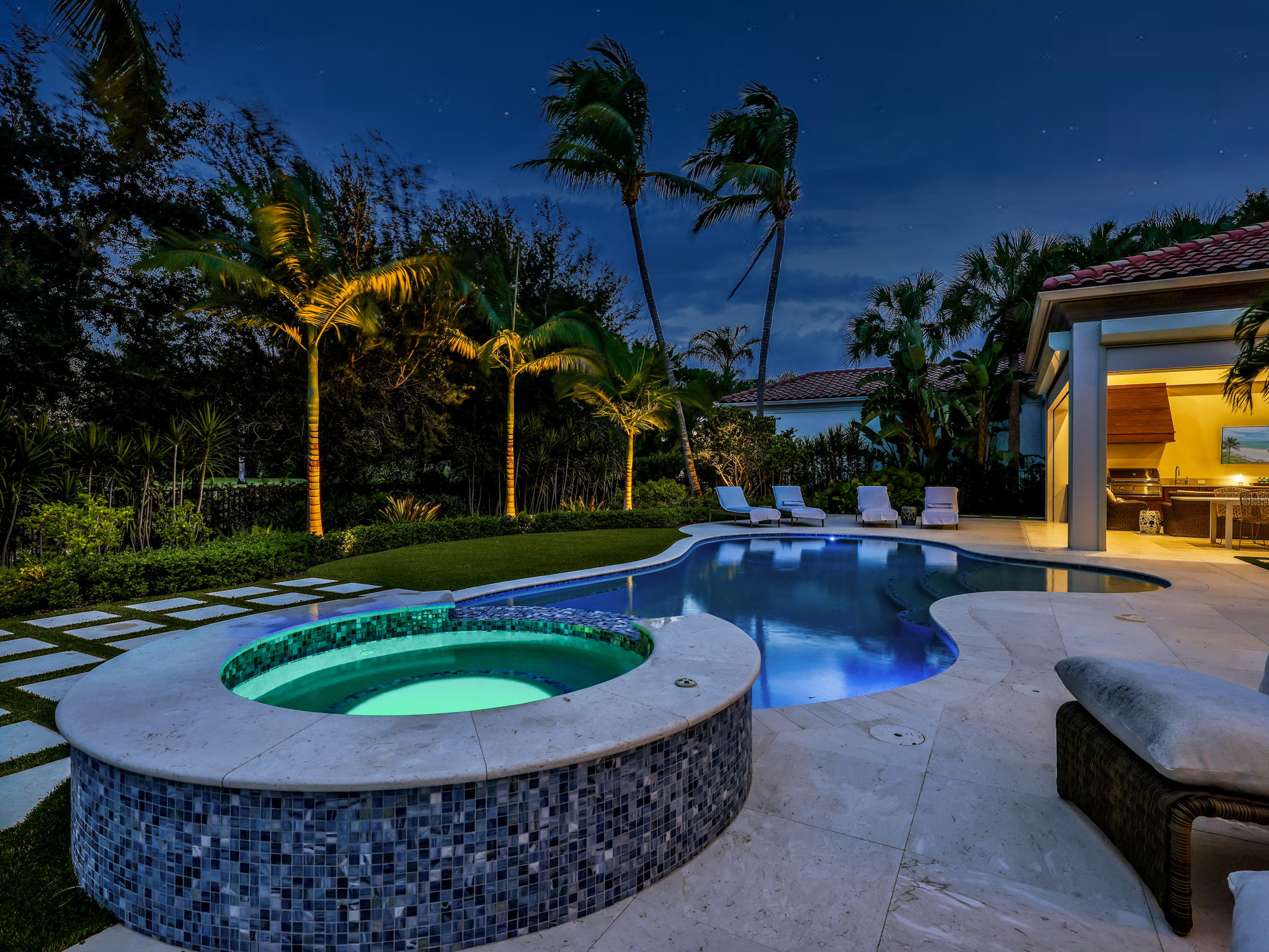 Spa and pool at dusk